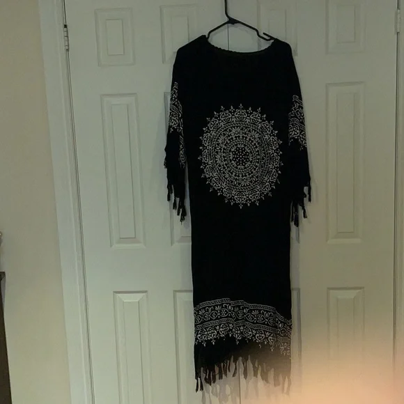 Vintage style Boho chic white black dress with fringe details Sz M - Picture 12 of 13